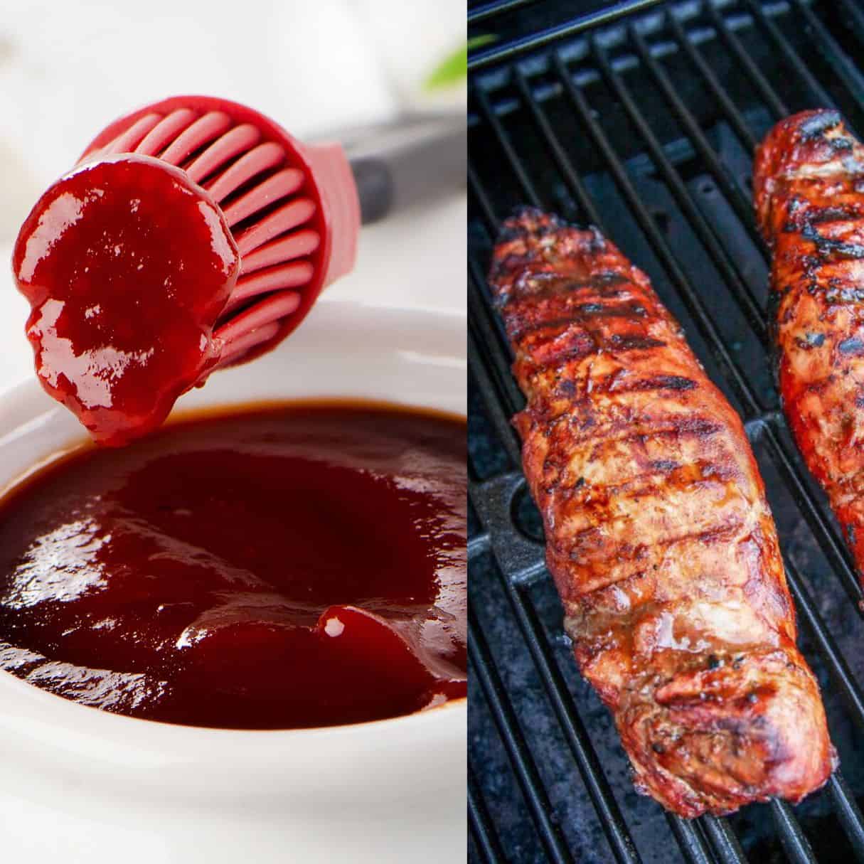 BBQ marinade on a silicone brush on the left and pork tenderloin on the grill on the right. 