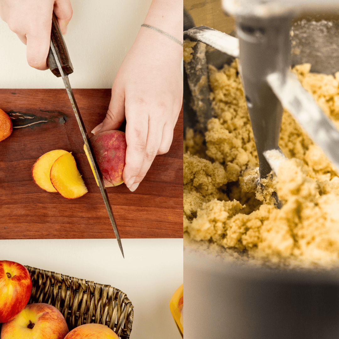 slicing peaches on the left, and making the crumb topping on the right.