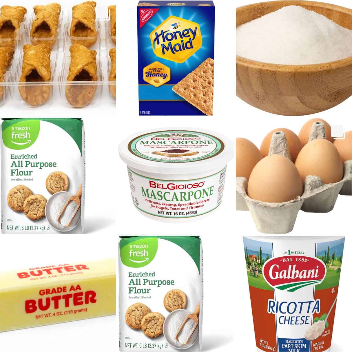 ingredients including cannoli shells, ricotta, butter, mascarpone, and cinnamon.