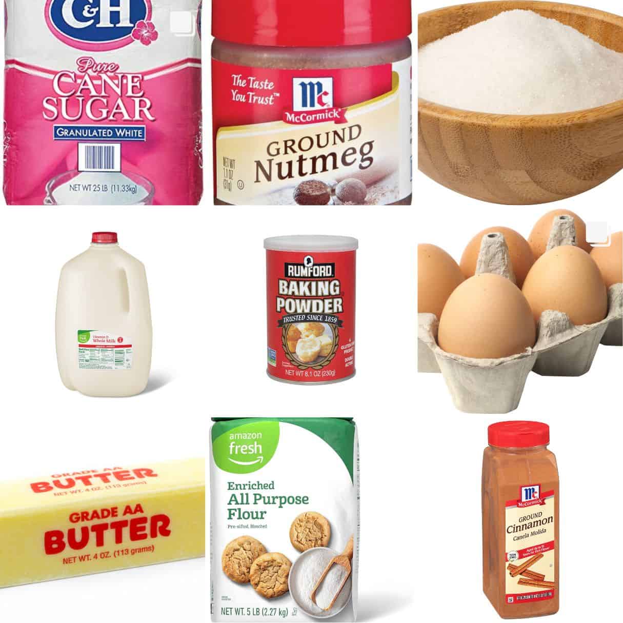 ingredients including butter, flour, sugar, cinnamon, milk, and nutmeg. 