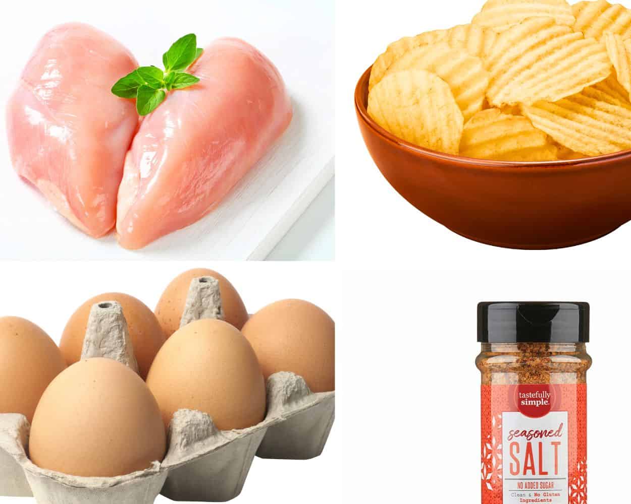 a collage showing raw chicken, potato chips, eggs, and seasoning salt. 
