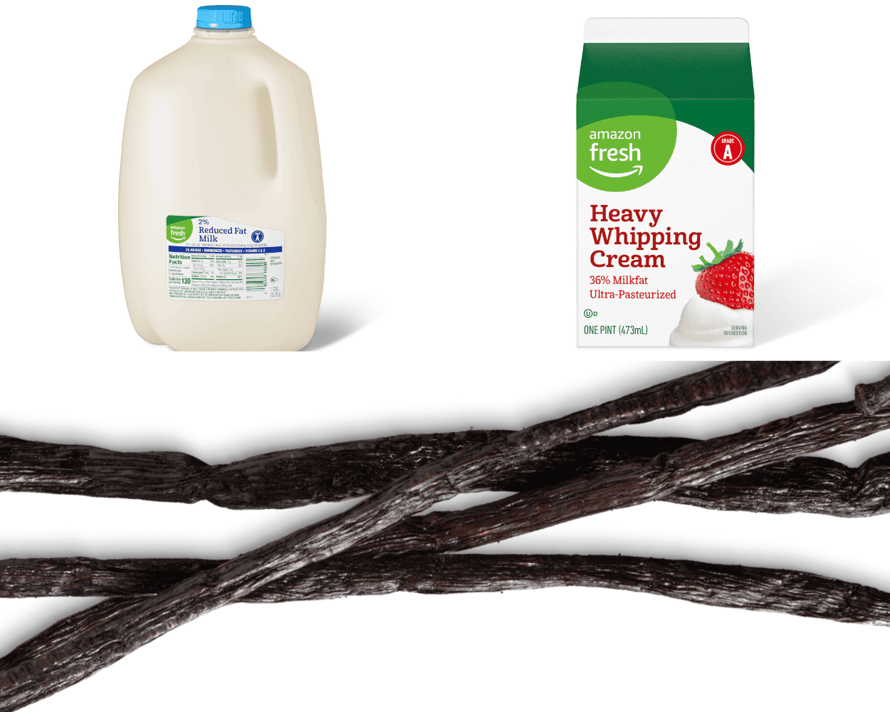 a collage of milk, heavy whipping cream, and vanilla beans. 