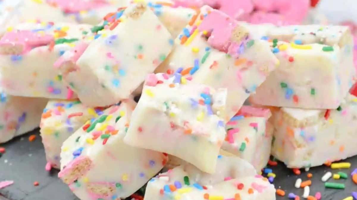 squares of fudge with sprinkles and animal cookies.