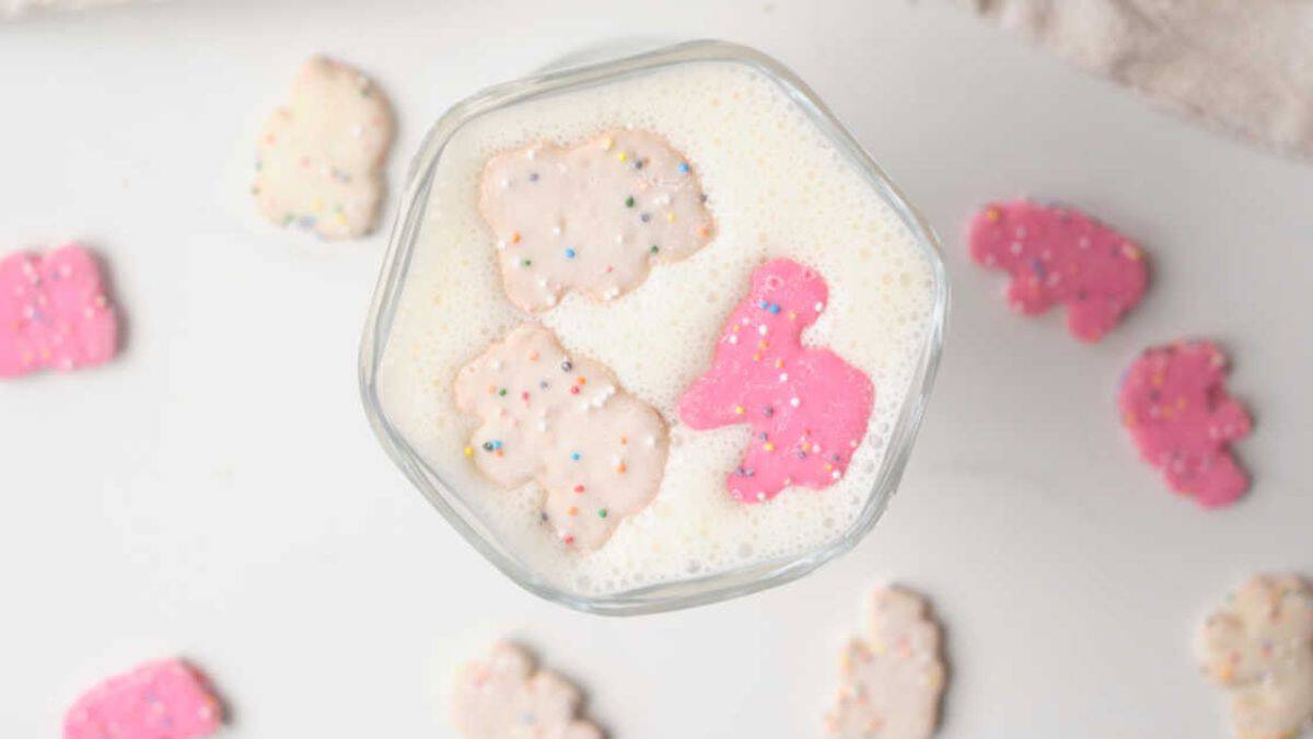 An overhead view of a smoothie made with animal crackers.