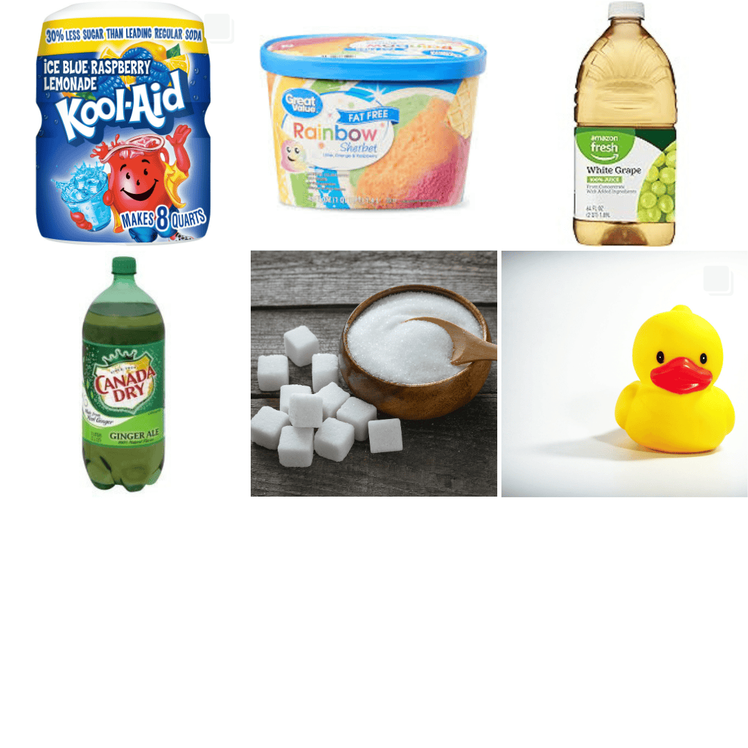 Blue raspberry lemonade Kool aid, rainbow sherbet, white grape juice, a 2 liter of ginger ale, white sugar, and a rubber duck. 