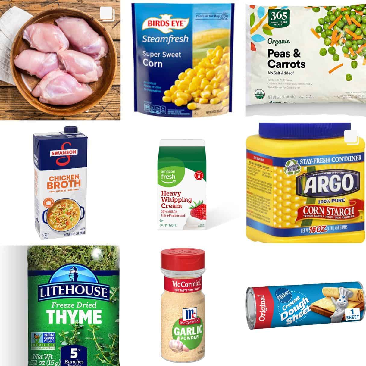 a collage with chicken thighs, corn, broth, heavy cream, corn starch, seasoning, and crescent dough. 