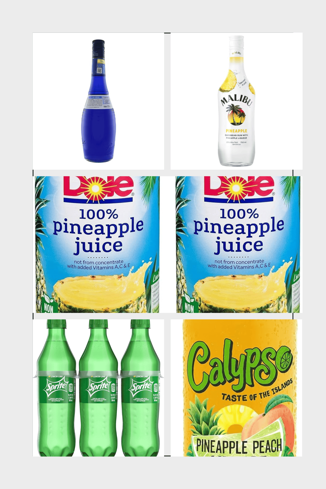 a collage showing blue curacao, pineapple rum, pineapple juice, sprite, and pineapple peach drink. 