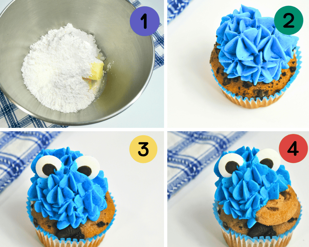 a 4 image collage showing how to make buttercream, and how to pipe a cookie monster cupcake.