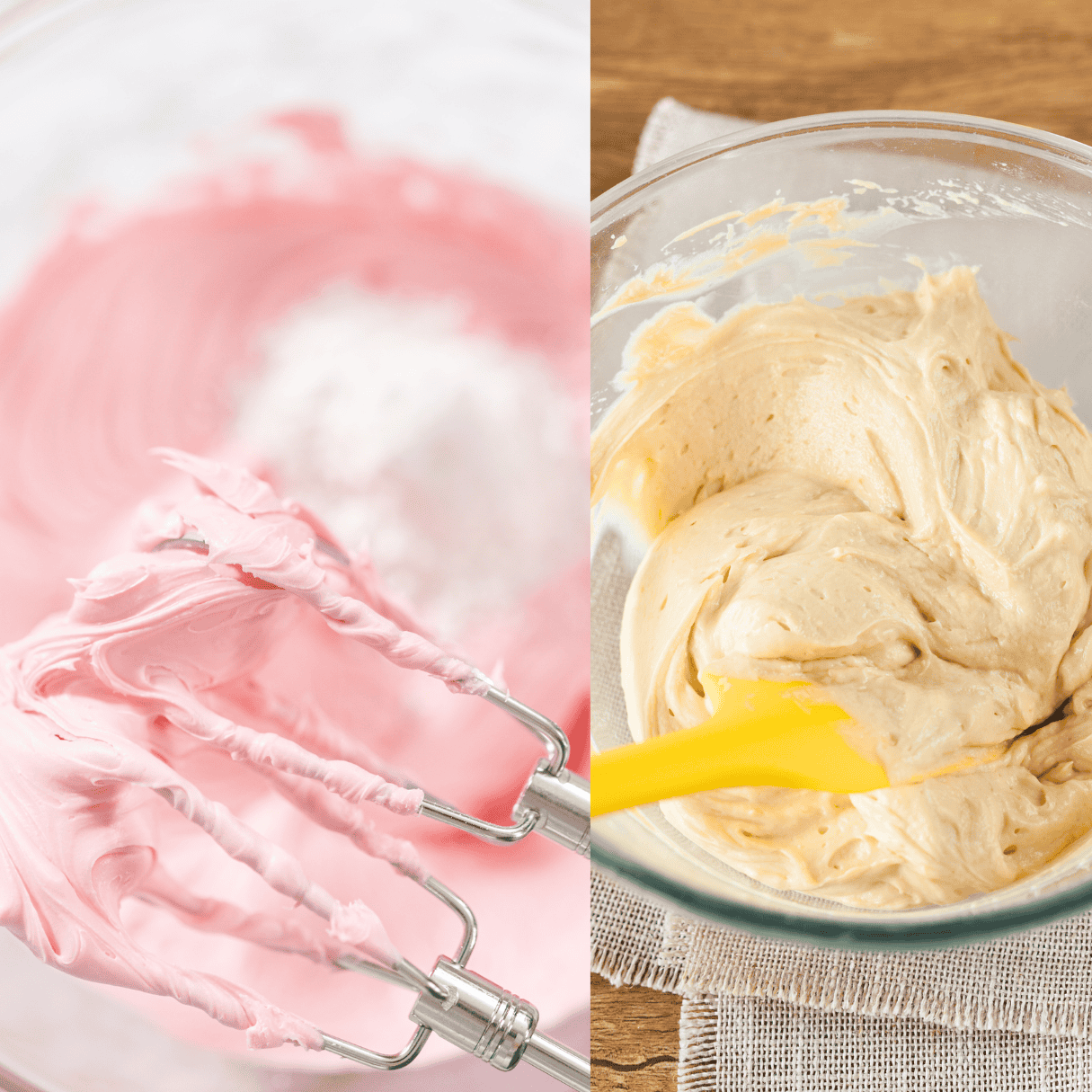 a collage showing strawberry cake batter and cream cheese frosting 