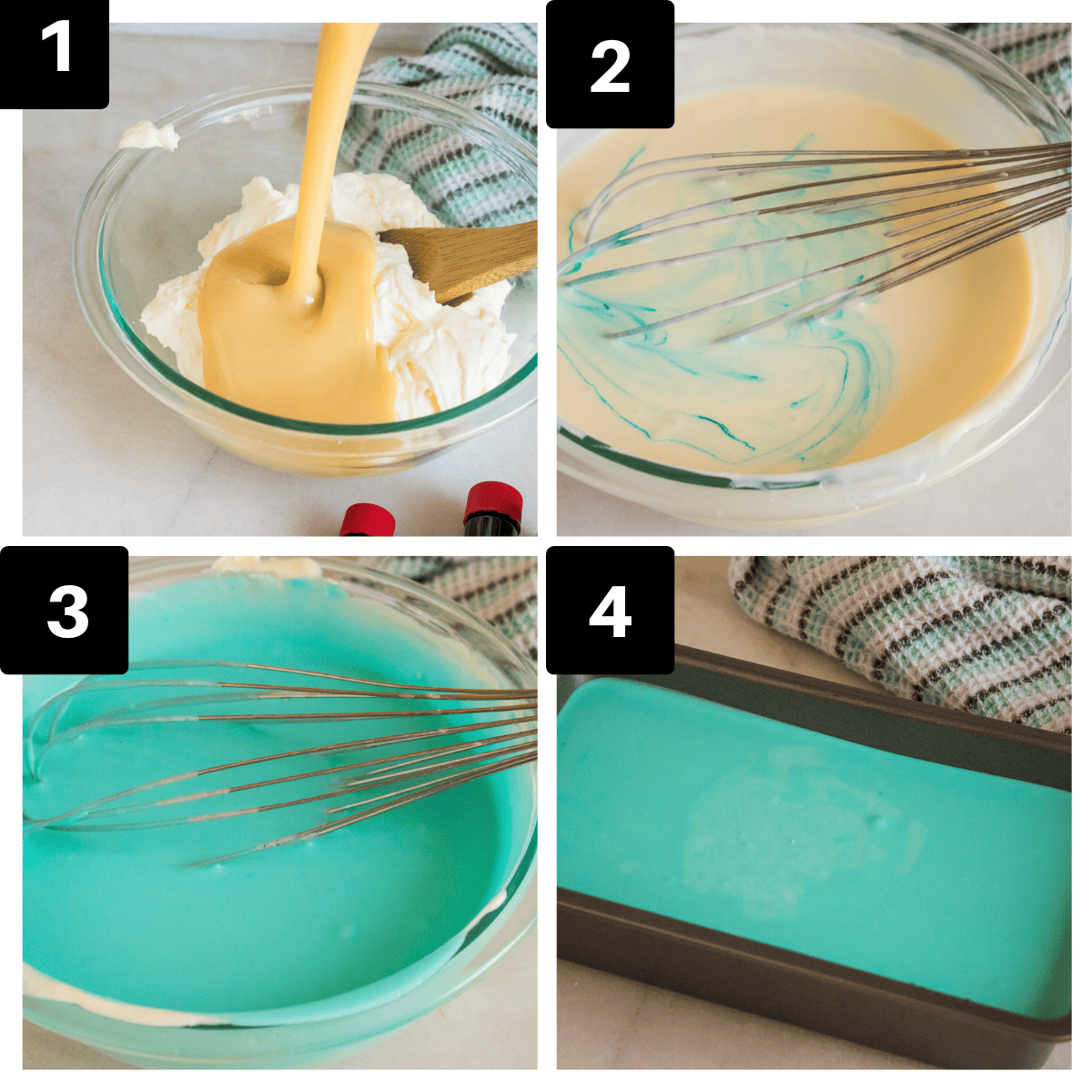 a four image collage showing the steps to make blue moon ice cream.