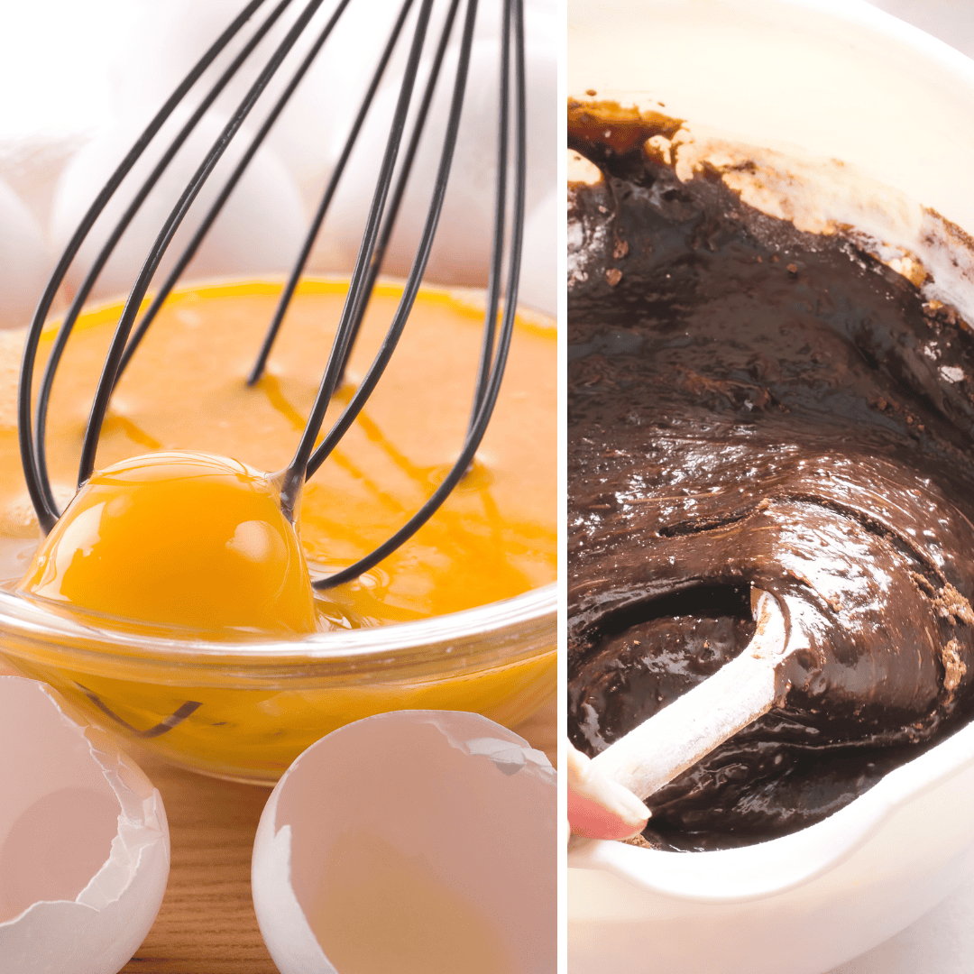 whipping egg yolks on the left and chocolate brownie batter on the right. 