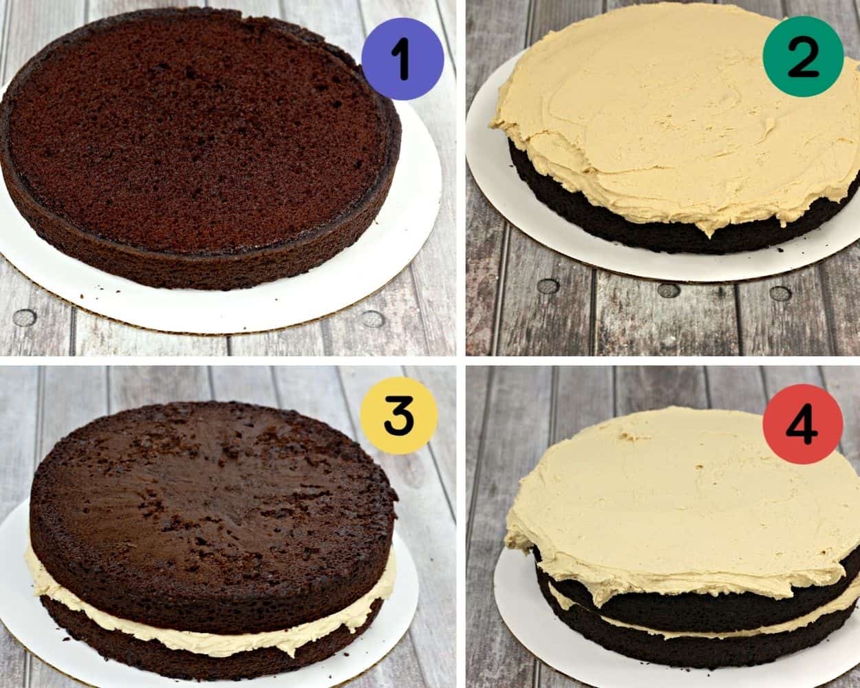 a 4 image collage showing how to layer chocolate cake with peanut butter frosting.
