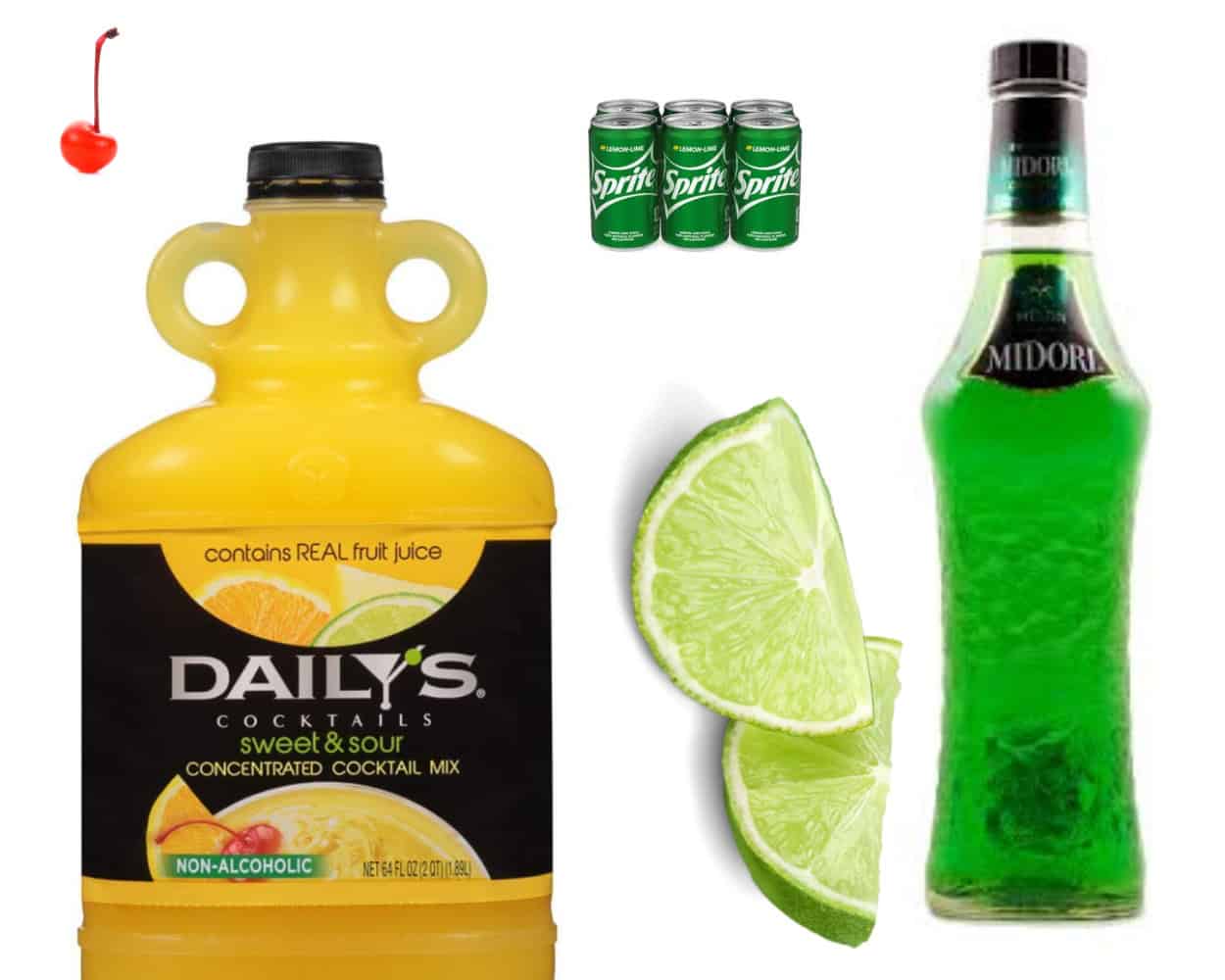 a collage of sour mix, a cherry, lime, sprite, and midori 