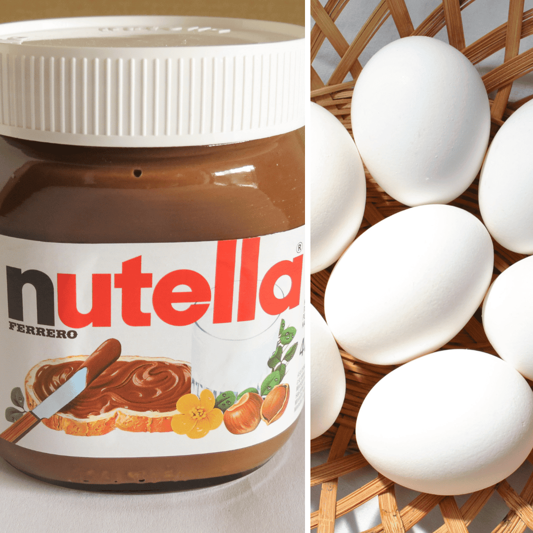 a collage showing nutella and eggs.