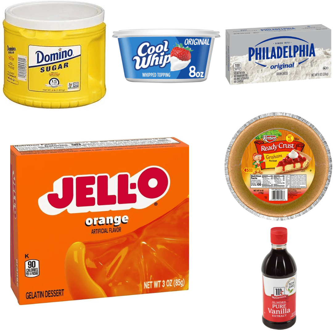 an ingredient collage with sugar, cool whip, cream cheese, orange jello, vanilla, and a graham cracker crust.