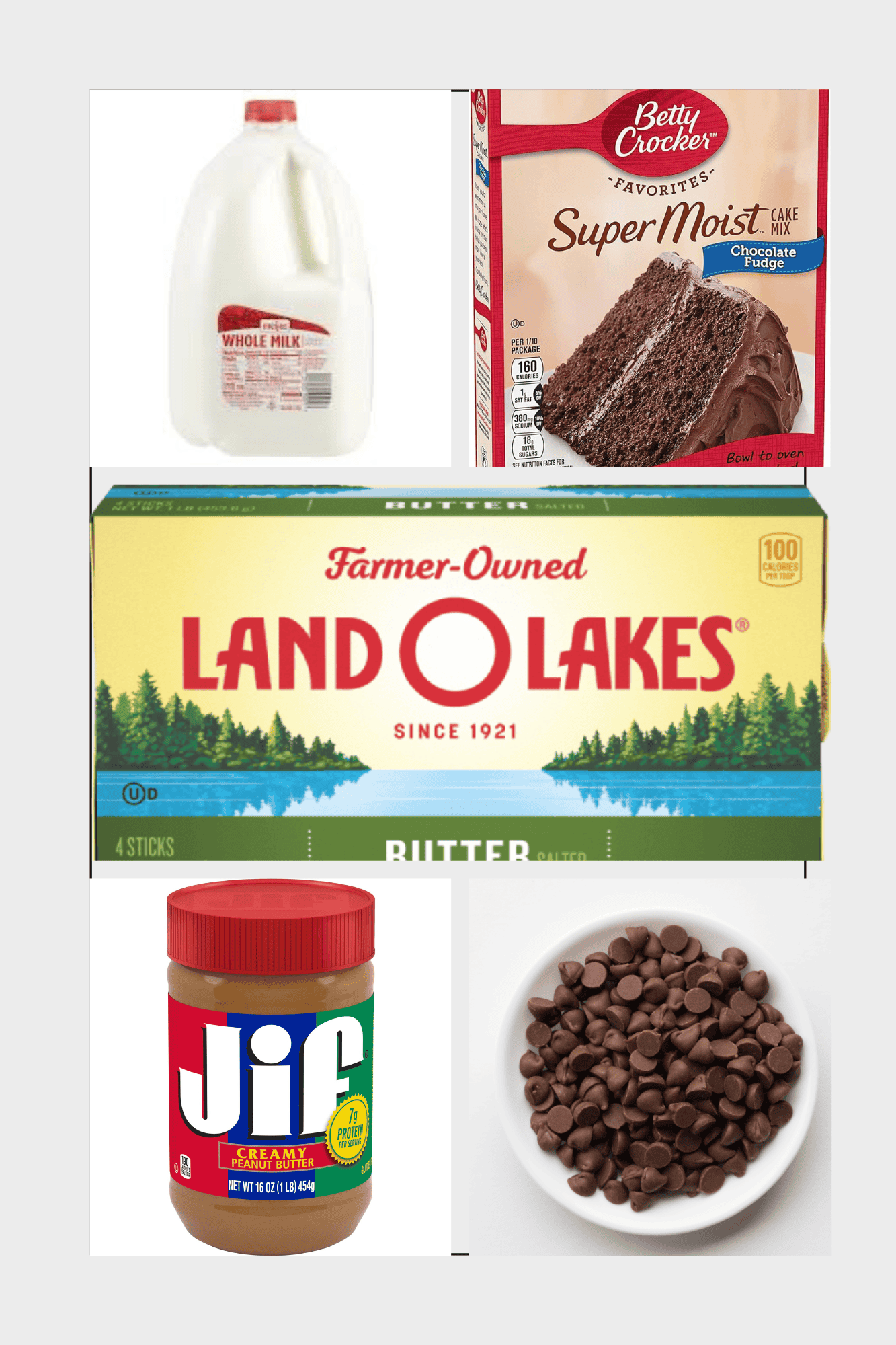 a collage of ingredients including milk, cake mix, butter, peanut butter, and chocolate chips.