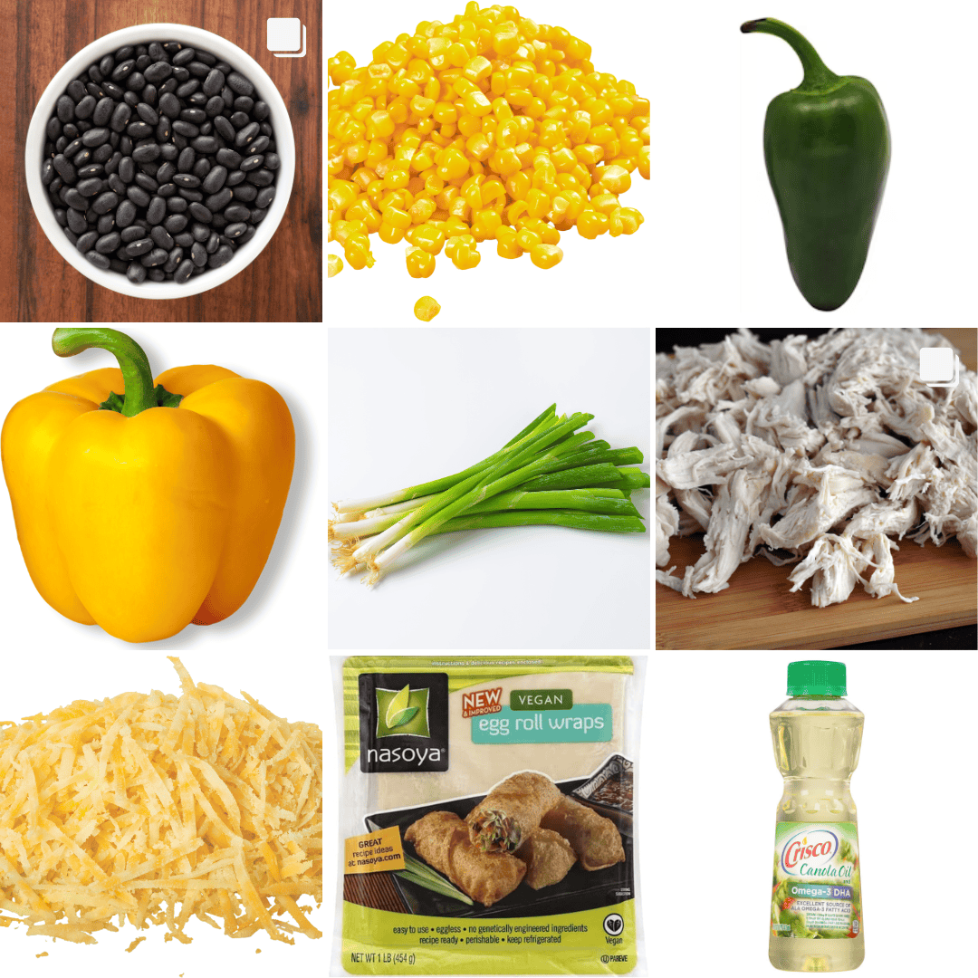 a collage showing black beans, corn, jalapeno, bell pepper, green onions, chicken, cheese, oil, and egg roll wrappers. 