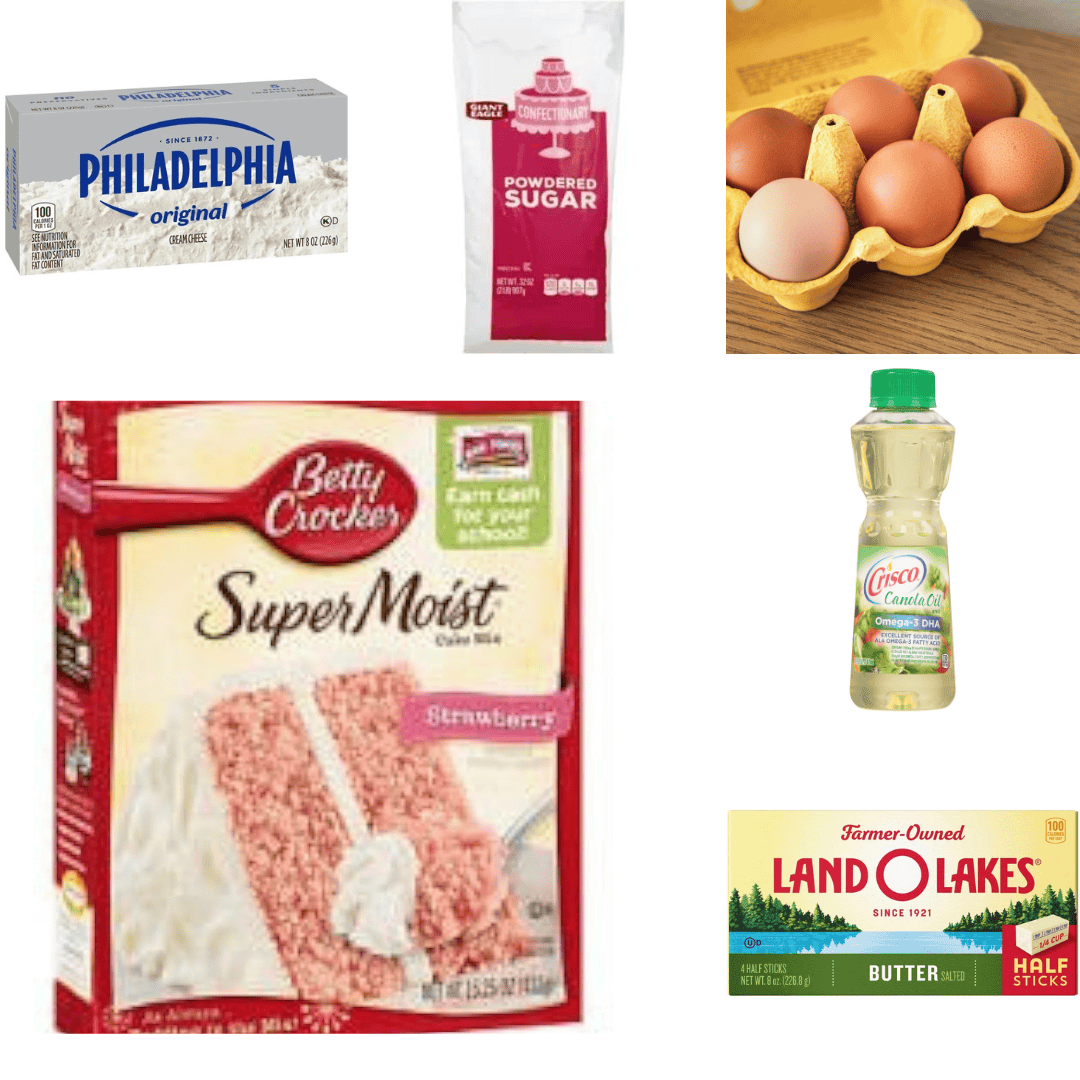 a collage with cream cheese, powdered sugar, eggs, cake mix, and oil. 