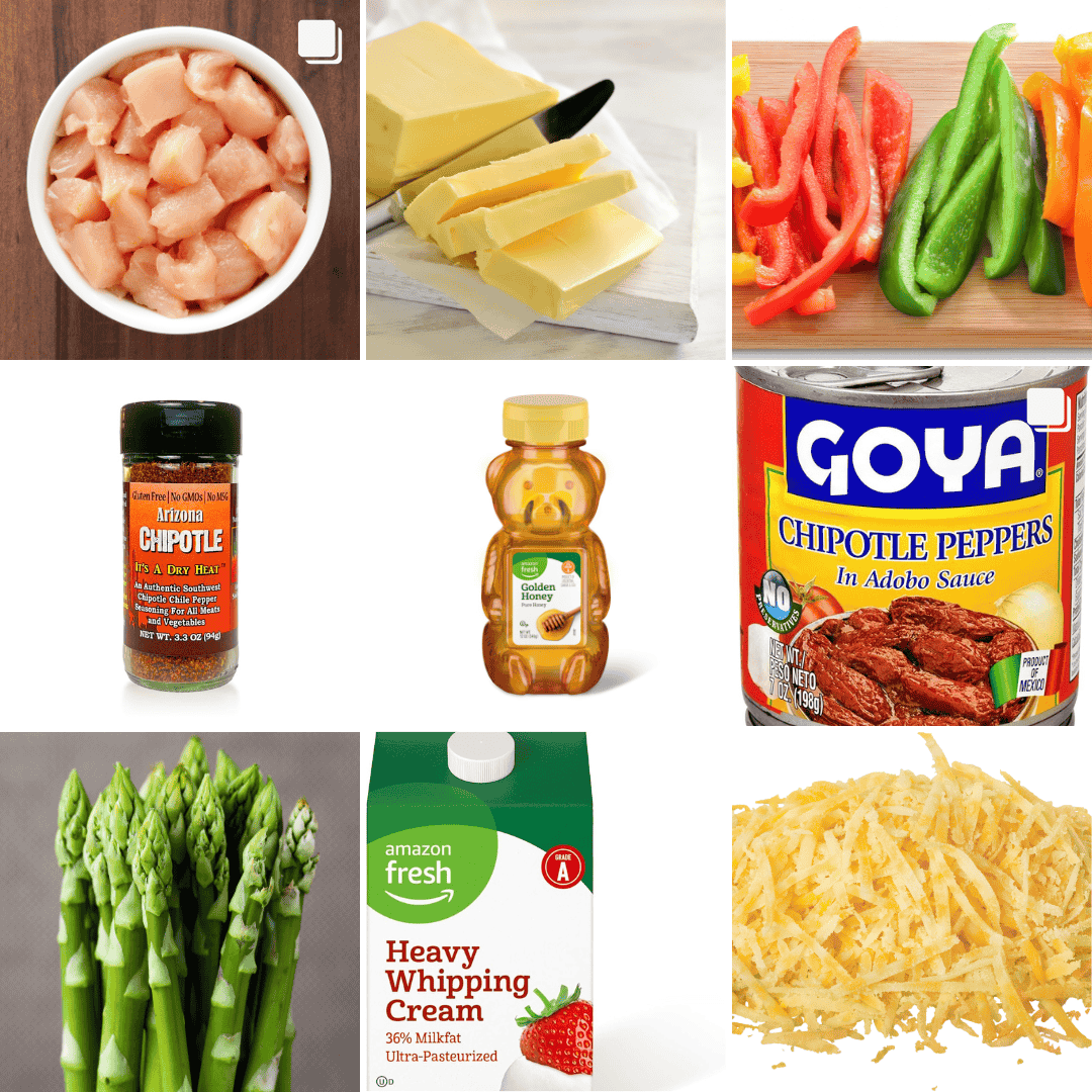 an ingredient collage with chicken, asparagus, chipotle seasoning, chipotle peppers, asparagus, and heavy cream.