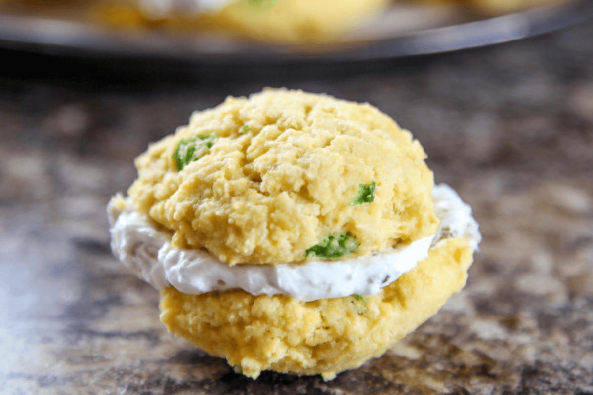 Close up shot of Jalapeno Cornbread Whoopie Pies with Bacon Goat Cheese.