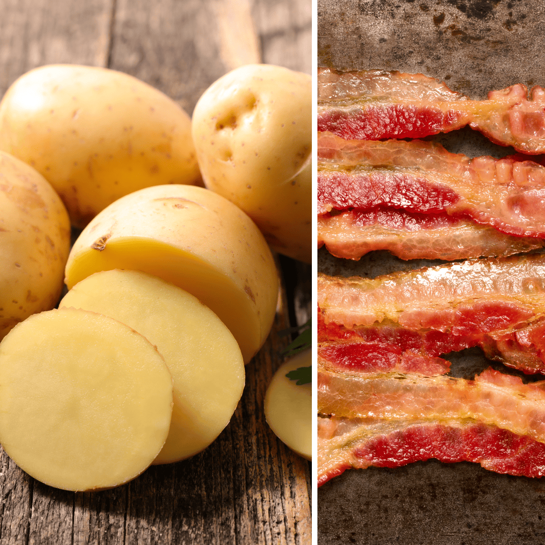 A two  image collage showing sliced potatoes and cooking bacon.