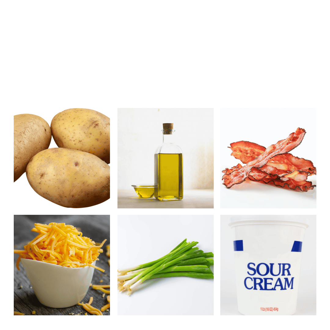 a collage showing potatoes, olive oil, bacon, shredded cheese, green onions, and sour cream., 