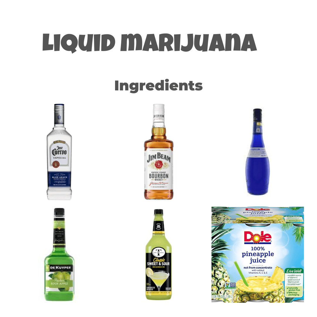 a collage of tequila, jim beam, blue curacao, sour apple pucker, sour mix, and pineapple juice.