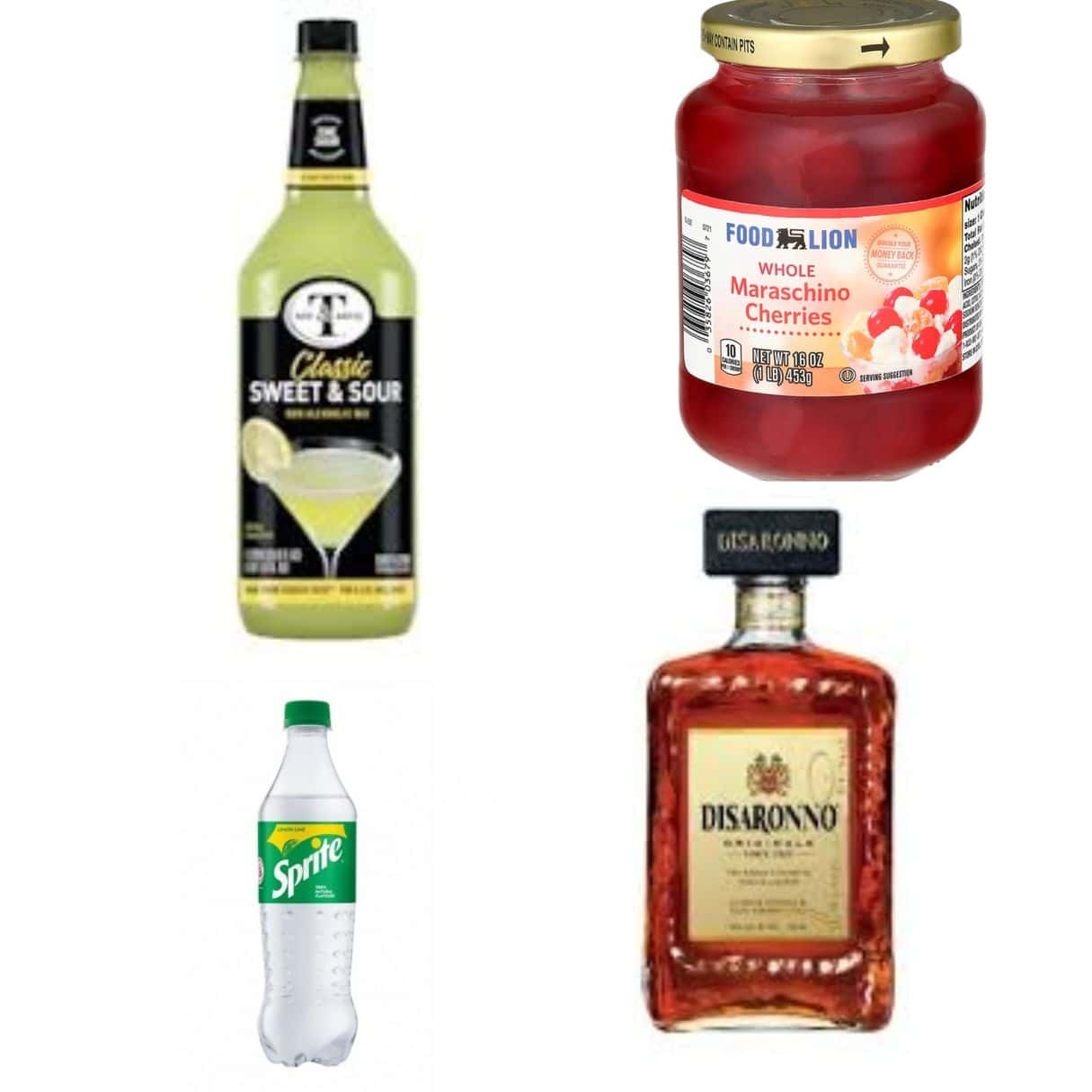 a collage showing sprite, sour mix, amaretto, and maraschino cherries. 