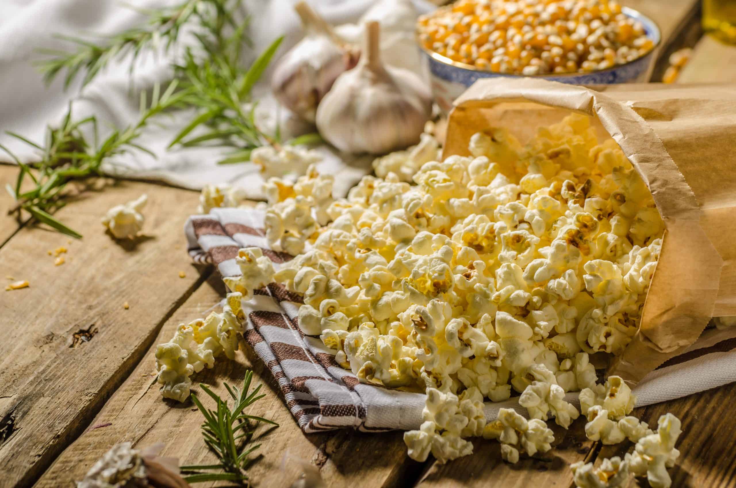 Domestic organic popcorn with herbs, not healthy but delicious for movie evenings.