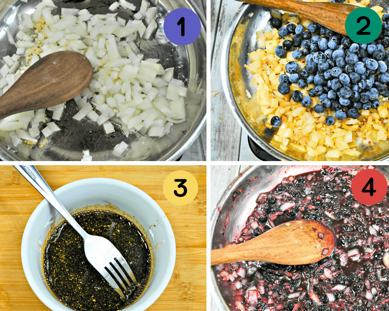 a collage showing cooking onions, and blueberries and seasonings.
