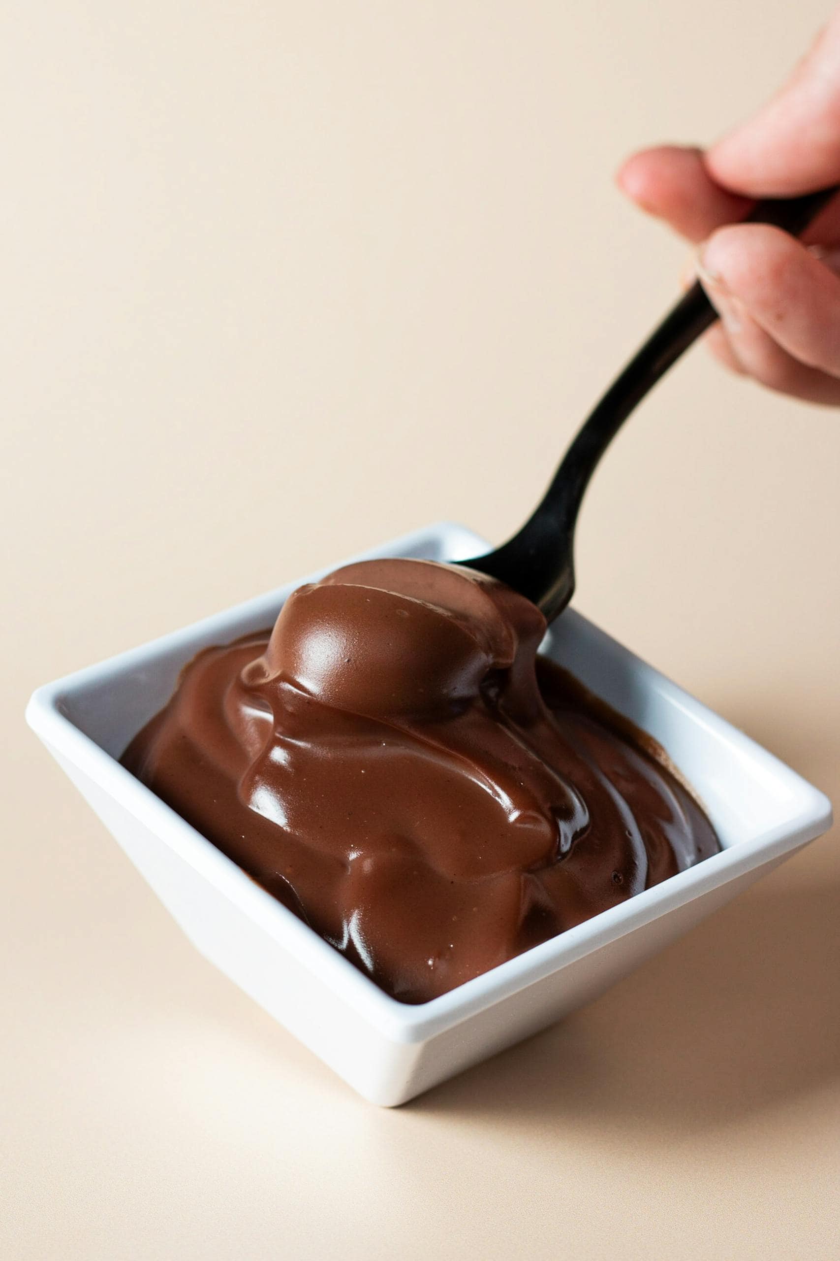 Indulgent chocolate pudding in a bowl with a spoon, perfect for dessert lovers.