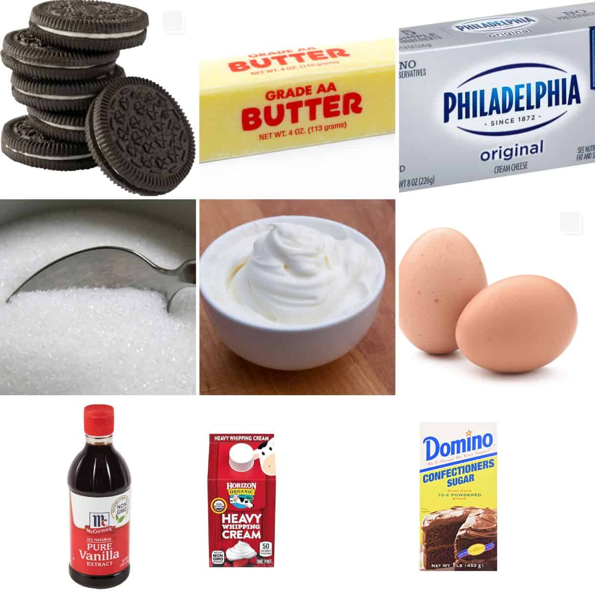 ingredients including oreos, butter, cream cheese, sugar, eggs, and vanilla.