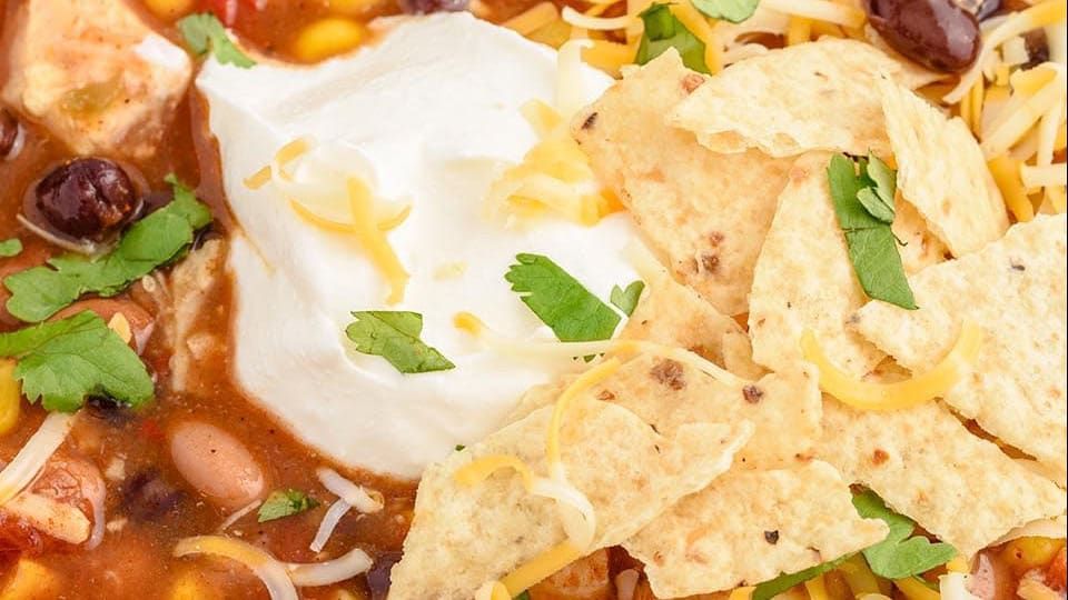 A bowl of 7 Can Chicken Taco Soup.