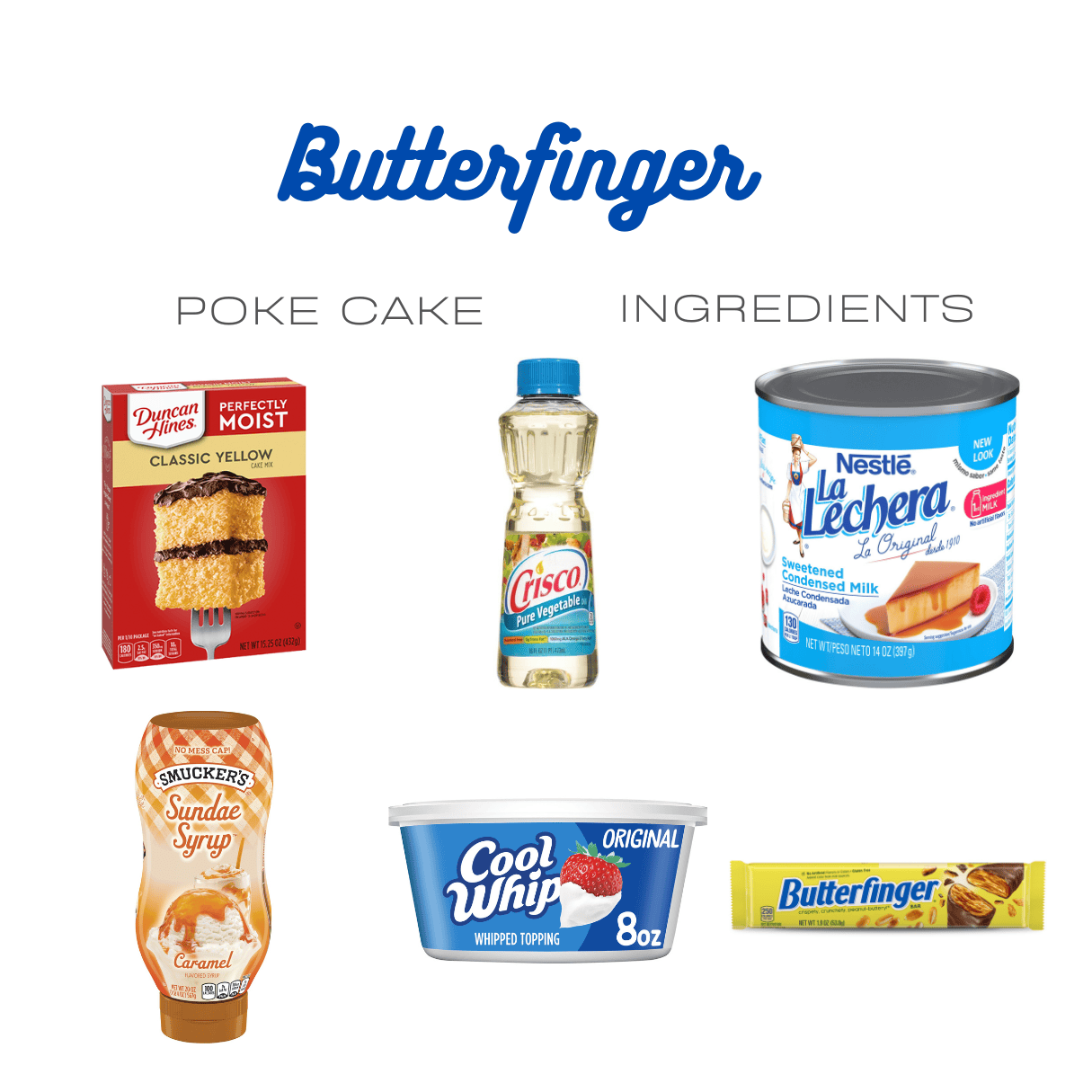 ingredients including yellow cake mix, oil, sweetened condensed milk, caramel syrup, cool whip, and butterfingers.