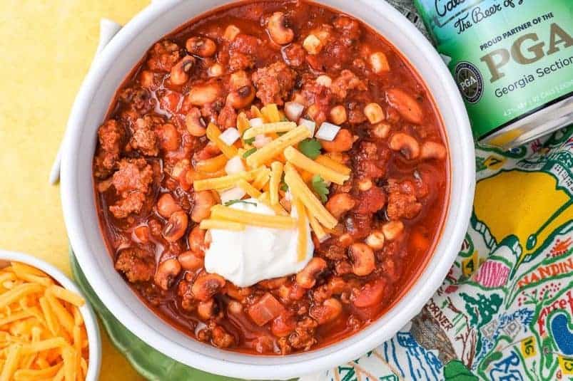 A bowl of beer chili with a hearty and spicy texture.