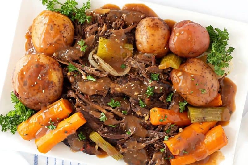 Classic Yankee pot roast cooked slowly with vegetables.