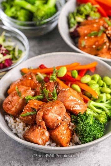 A salmon bowl with fresh vegetables and green onions.