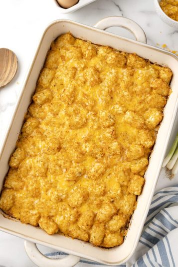 Overhead vew of Tater Tot Sausage Breakfast Casserole.