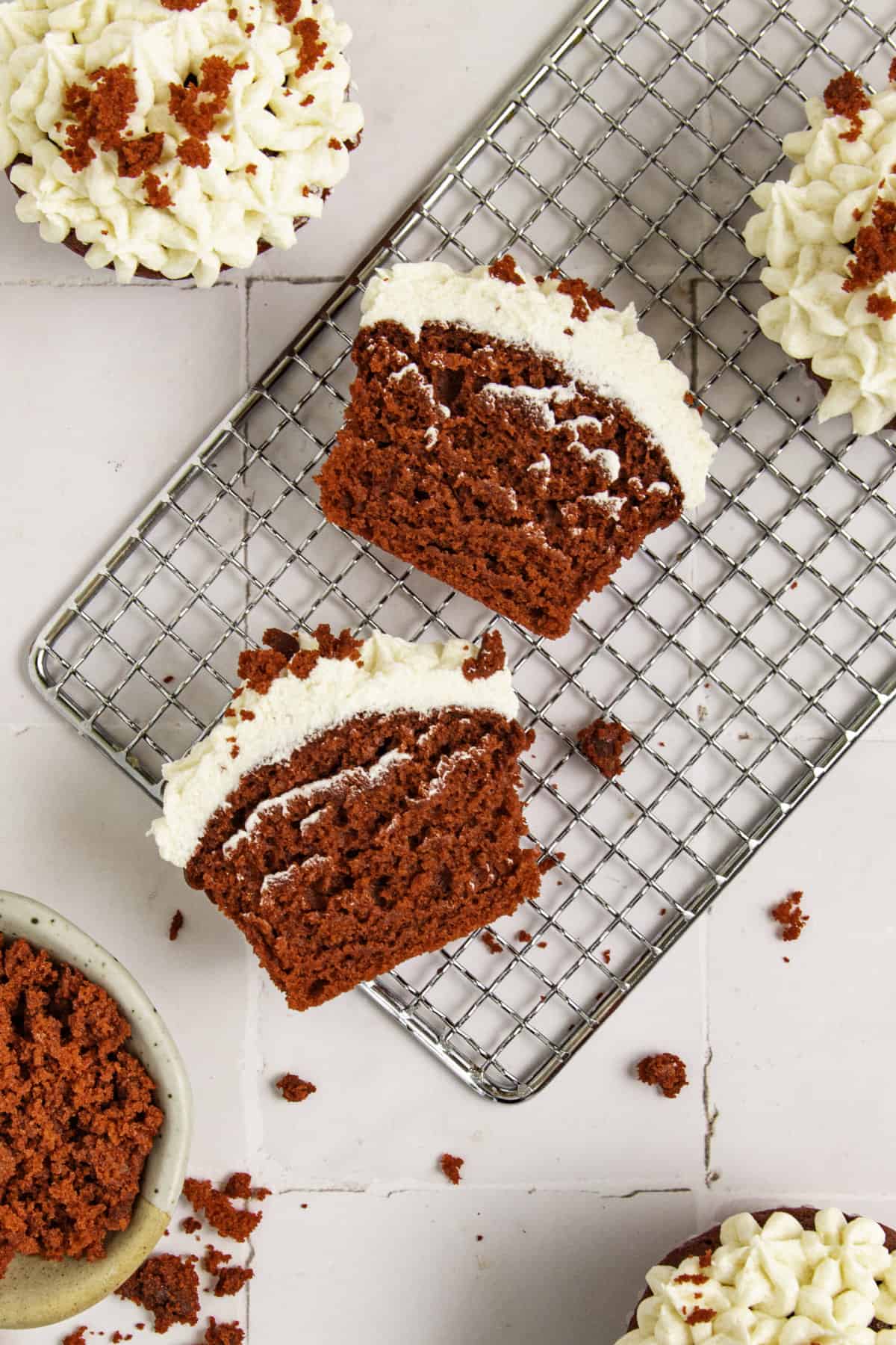 Overhead view of Red Velvet Cupcakes.