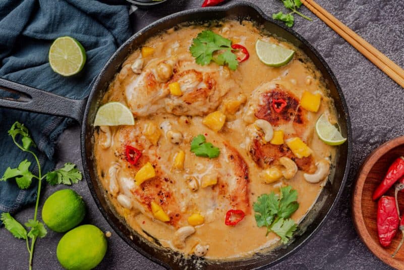 Overhead view of thai coconut lime chicken.