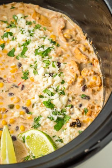 Street corn chicken in a slow cooker.