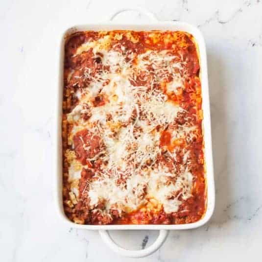 A 9 x 13 inch pan filled with a texas pasta bake.