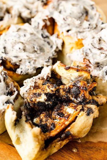 Closeup of cookies and cream cinnamon rolls.