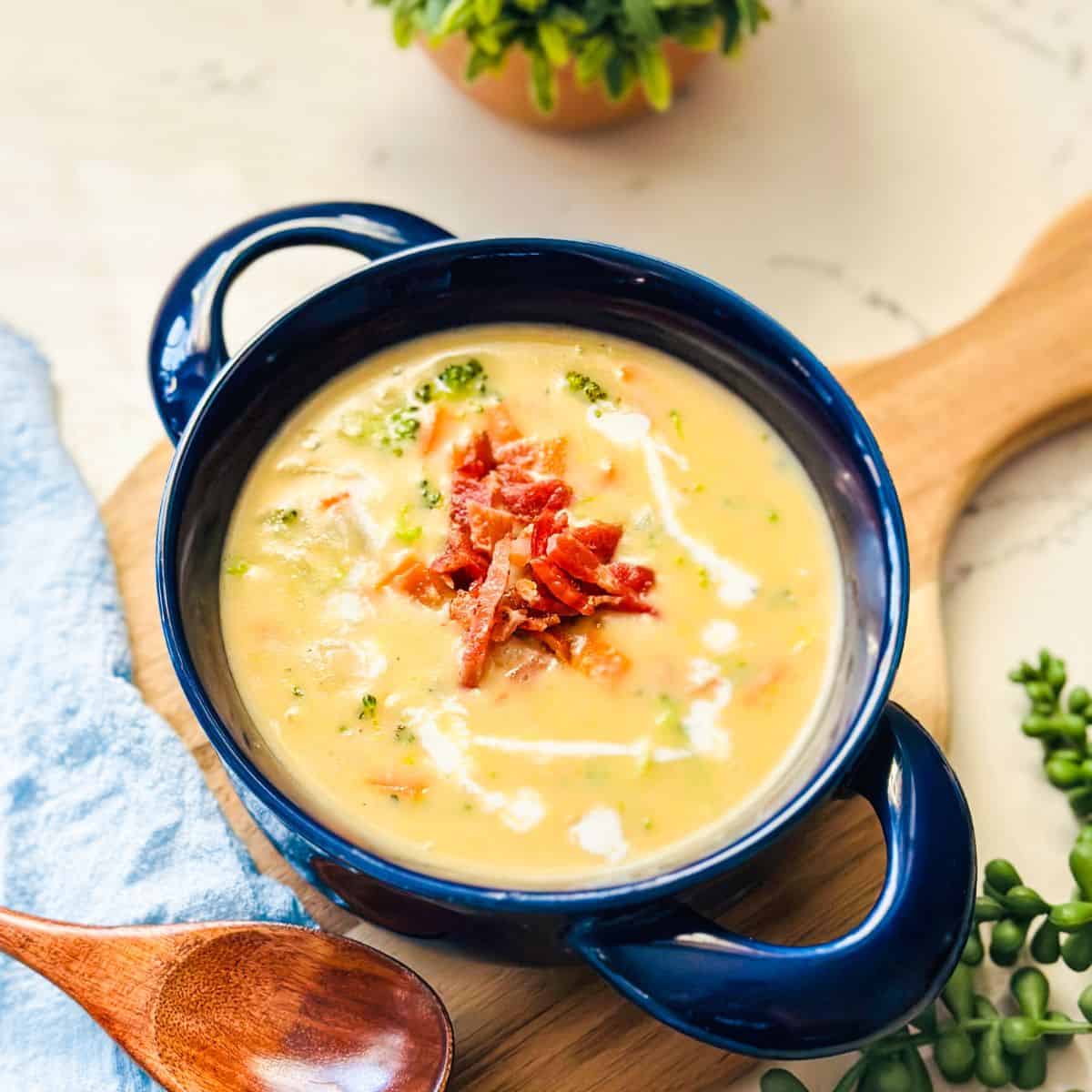 Bowl of bacon broccoli cheddar soup ready to be enjoyed.