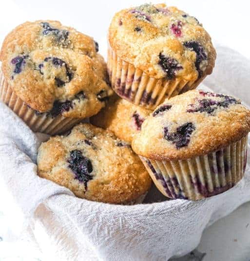 Buttermilk Blueberry muffins in a basket.