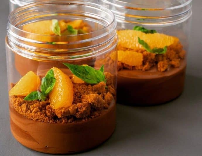 Close up of Chocolate Mousse with Oranges.