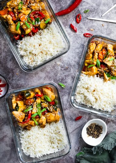 Kung pao chicken with rice stir fry.