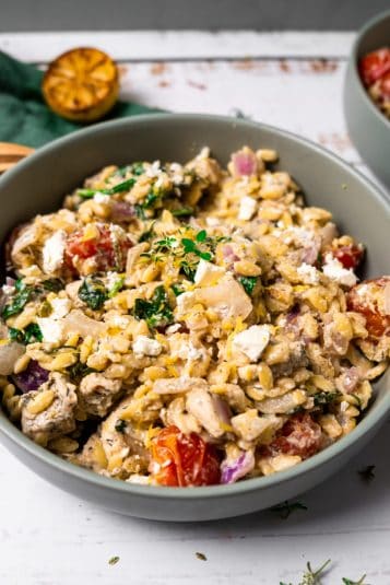 Mediterranean orzo with a creamy lemony sauce with dill.