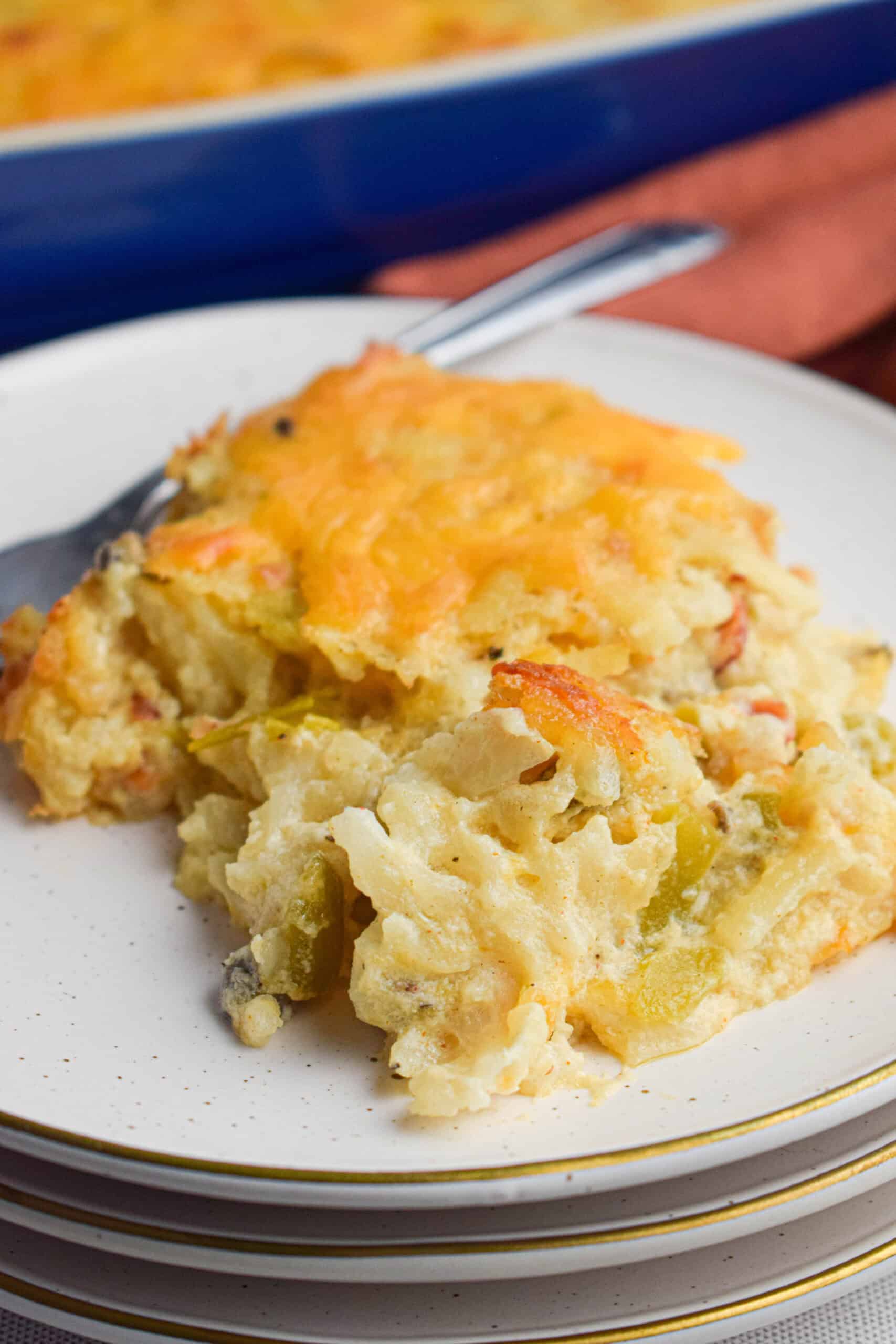 Closeup of green chile hashbrown casserole on a plate.