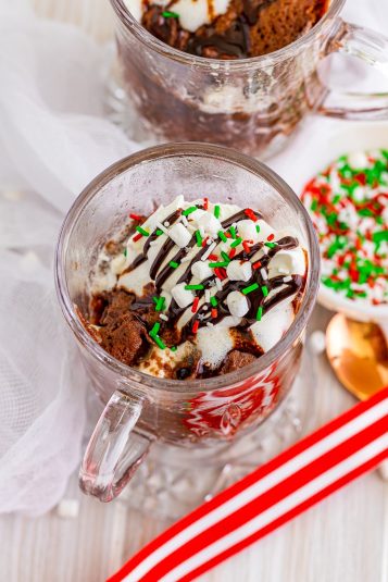 Overhead of a garnished Hot Chocolate Mug Cake.